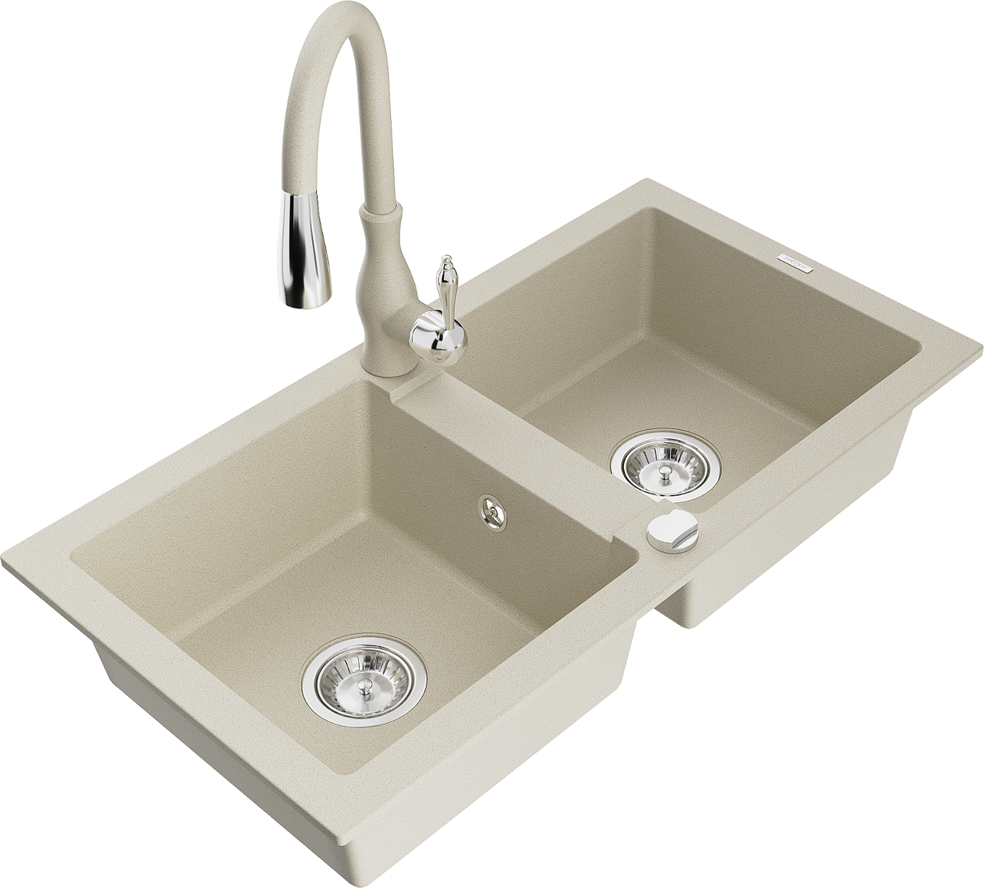 Mexen Mario 2-Becken-Granitspüle mit Mischbatterie Savita, Beige - 6504-69-672601-69