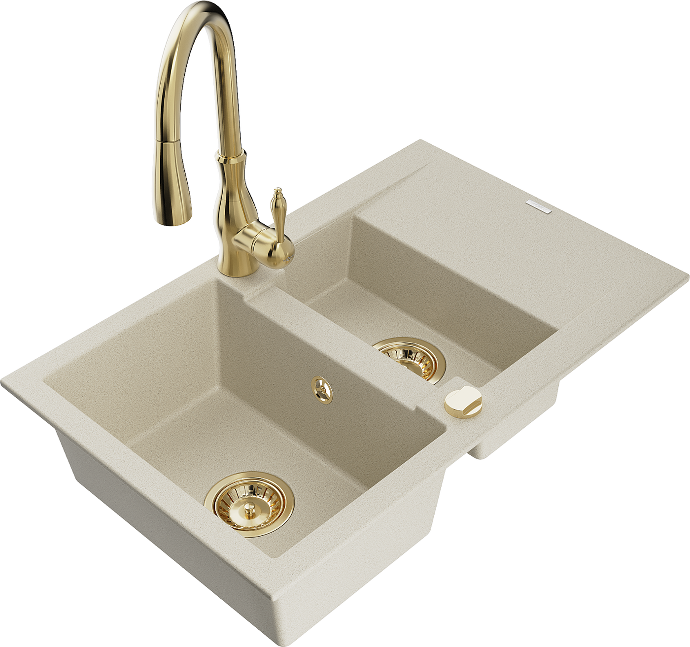 Mexen Gaspar 1,5-Becken-Granitspüle mit Abtropffläche und Mischbatterie Savita, Beige - 6507-69-672601-50