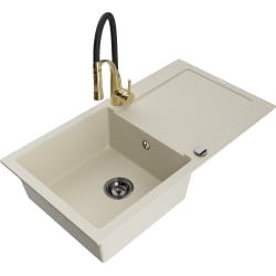 Mexen Leo 1 Becken-Granitspüle mit Abtropffläche und Mischbatterie Aster, Beige - 6501-69-73450-57-B