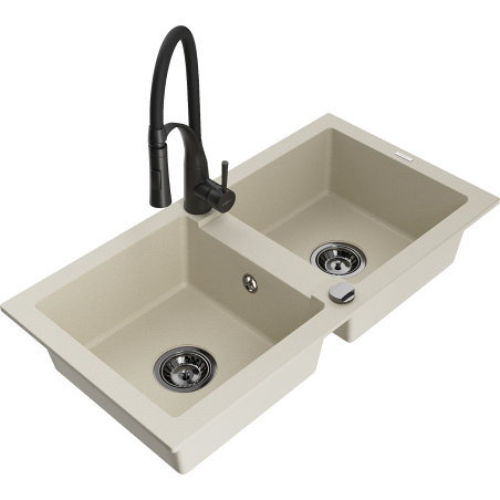 Mexen Mario 2-Becken-Granitspüle mit Mischbatterie Aster, Beige - 6504-69-73450-70-B