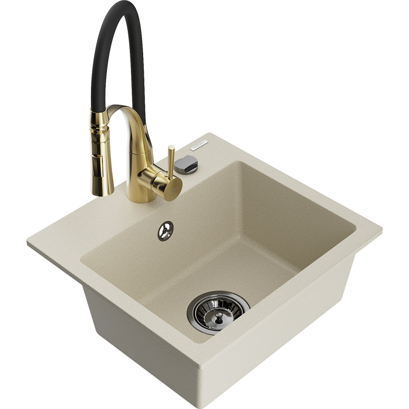 Mexen Milo 1-Becken-Granit-Spüle mit Mischbatterie Aster, Beige - 6505-69-73450-57-B