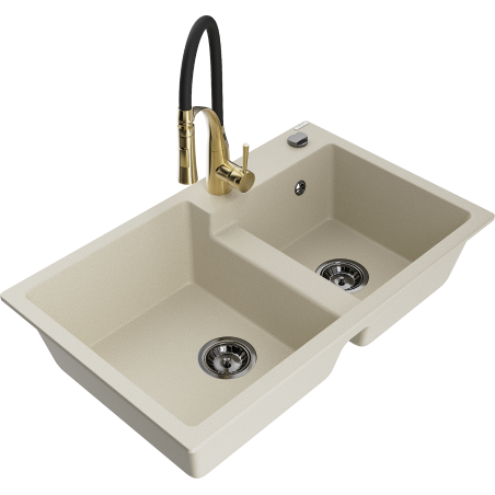 Mexen Tomas 2-Becken-Granitspüle mit Mischbatterie Aster, Beige - 6516-69-73450-57-B