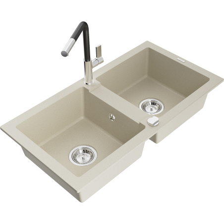 Mexen Mario 2-Becken-Granitspüle mit Mischbatterie Flora, Beige - 6504-69-670401-07