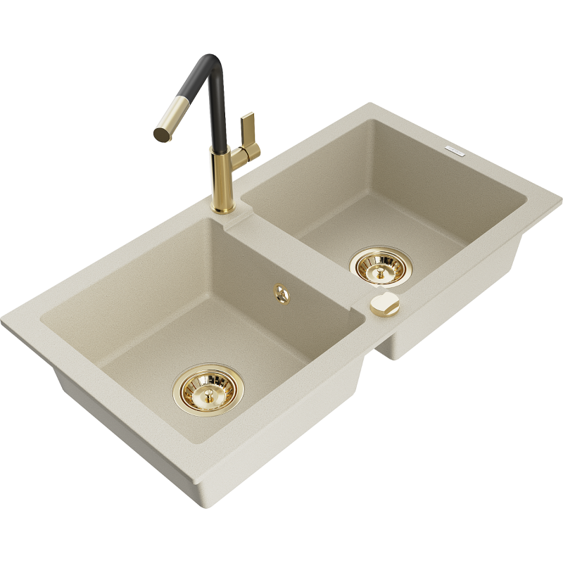 Mexen Mario 2-Becken-Granitspüle mit Mischbatterie Flora, Beige - 6504-69-670401-57-G