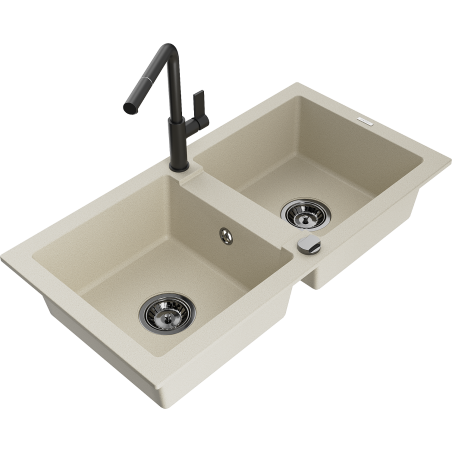 Mexen Mario 2-Becken-Granitspüle mit Mischbatterie Flora, Beige - 6504-69-670401-70-B