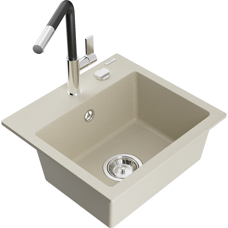 Mexen Milo 1-Becken-Granitspüle mit Mischbatterie Flora, Beige - 6505-69-670401-07