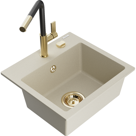 Mexen Milo 1-Becken-Granitspüle mit Mischbatterie Flora, Beige - 6505-69-670401-57-G