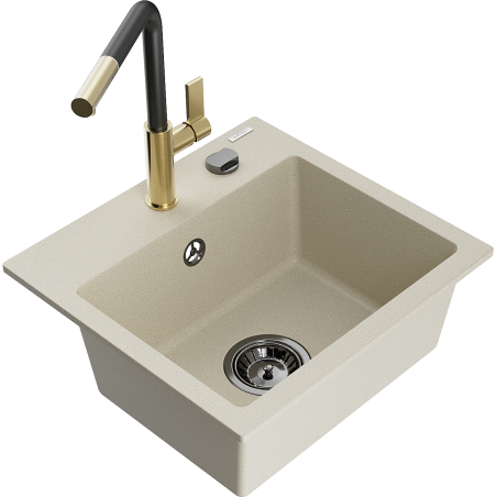 Mexen Milo 1-Becken-Granitspüle mit Mischbatterie Flora, Beige - 6505-69-670401-57-B