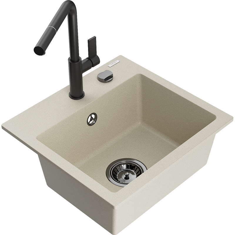 Mexen Milo 1-Becken-Granitspüle mit Mischbatterie Flora, Beige - 6505-69-670401-70-B