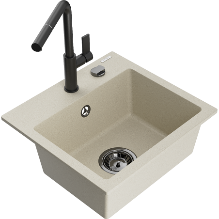 Mexen Milo 1-Becken-Granitspüle mit Mischbatterie Flora, Beige - 6505-69-670401-70-B