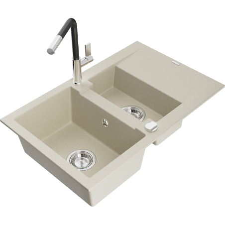 Mexen Gaspar 1,5-Becken-Granitspüle mit Abtropffläche und Mischbatterie Flora, Beige - 6507-69-670401-07