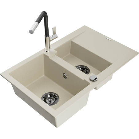 Mexen Gaspar 1,5-Becken-Granitspüle mit Abtropffläche und Mischbatterie Flora, Beige - 6507-69-670401-07-B