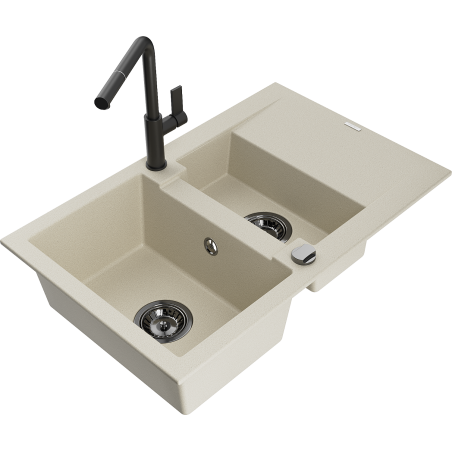 Mexen Gaspar 1,5-Becken-Granitspüle mit Abtropffläche und Mischbatterie Flora, Beige - 6507-69-670401-70-B