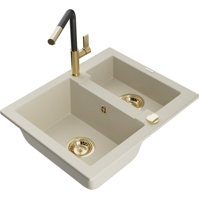 Mexen Carlos 1,5-Becken-Granitspüle mit Mischbatterie Flora, Beige - 6518-69-670401-57-G