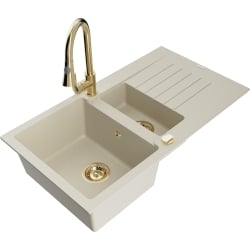 Mexen Matias 1,5-Becken-Granitspüle mit Abtropffläche und Mischbatterie Elia, Beige - 6502-69-670101-50