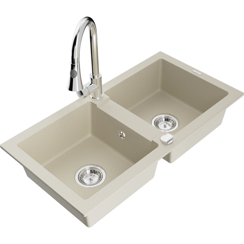 Mexen Mario 2-Becken-Granitspüle mit Mischbatterie Elia, Beige - 6504-69-670101-00