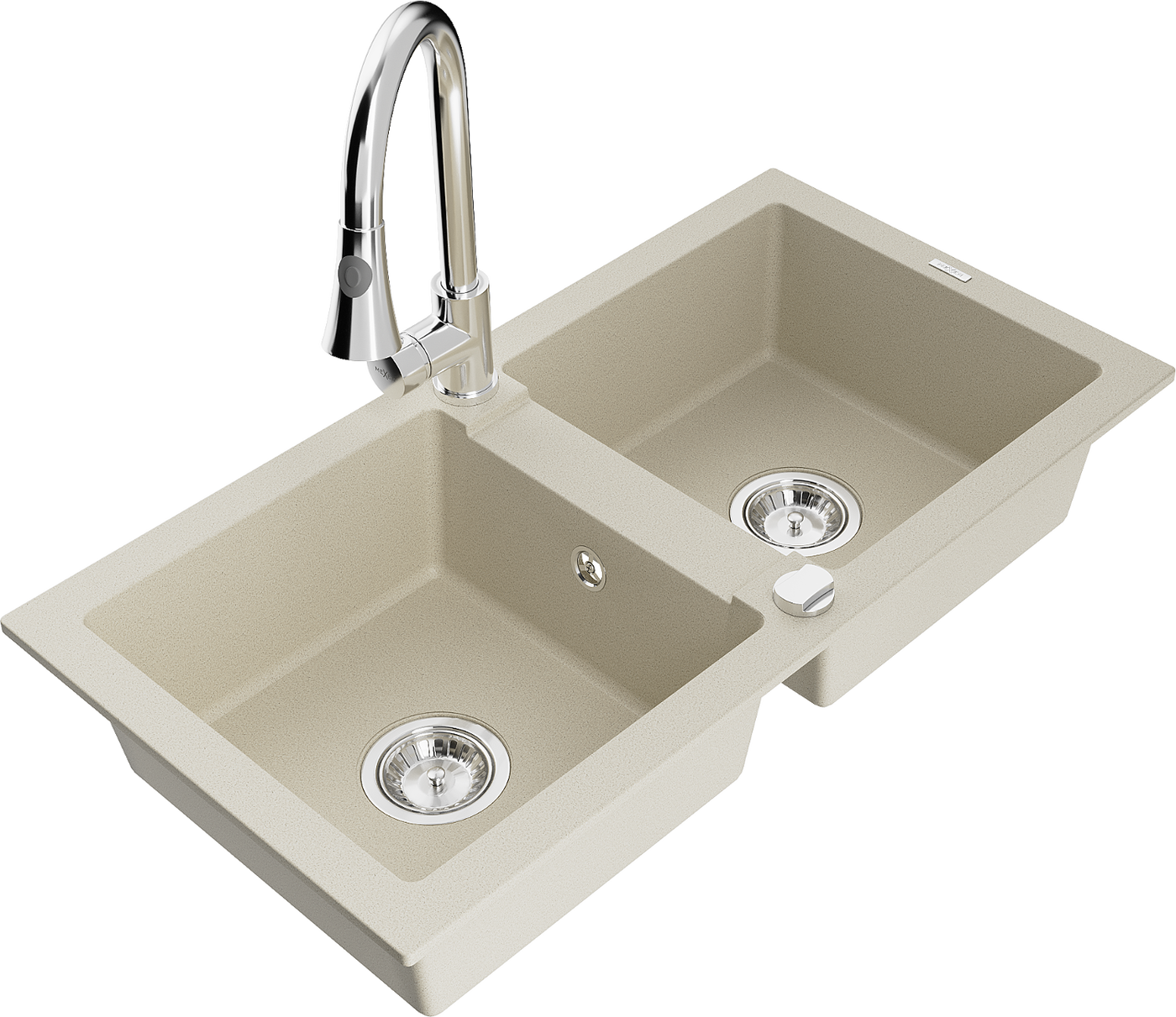 Mexen Mario 2-Becken-Granitspüle mit Mischbatterie Elia, Beige - 6504-69-670101-00