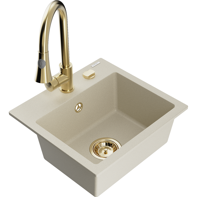 Mexen Milo 1-Becken-Granit-Spüle mit Mischbatterie Elia, Beige - 6505-69-670101-50