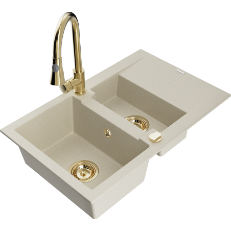 Mexen Gaspar 1,5-Becken-Granitspüle mit Abtropffläche und Mischbatterie Elia, Beige - 6507-69-670101-50