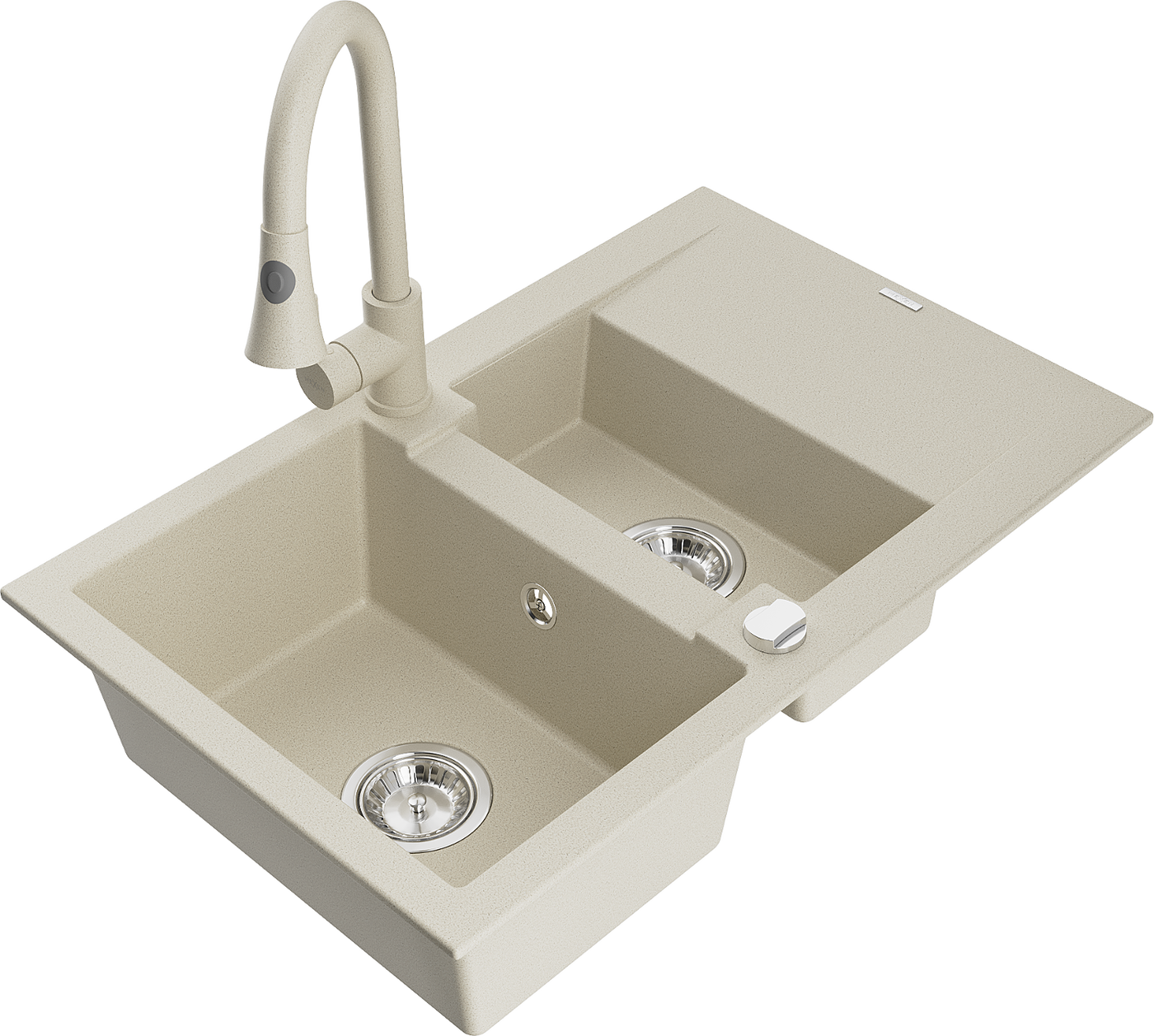 Mexen Gaspar 1,5-Becken-Granitspüle mit Abtropffläche und Mischbatterie Elia, Beige - 6507-69-670101-69