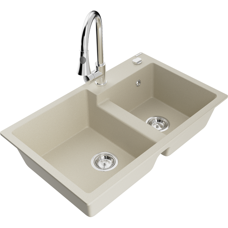 Mexen Tomas 2-Becken-Granitspüle mit Mischbatterie Elia, Beige - 6516-69-670101-00