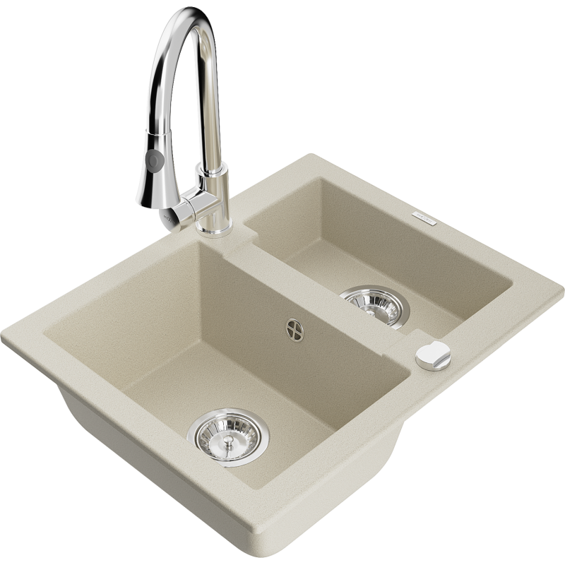 Mexen Carlos 1,5-Becken-Granitspüle mit Mischbatterie Elia, Beige - 6518-69-670101-00