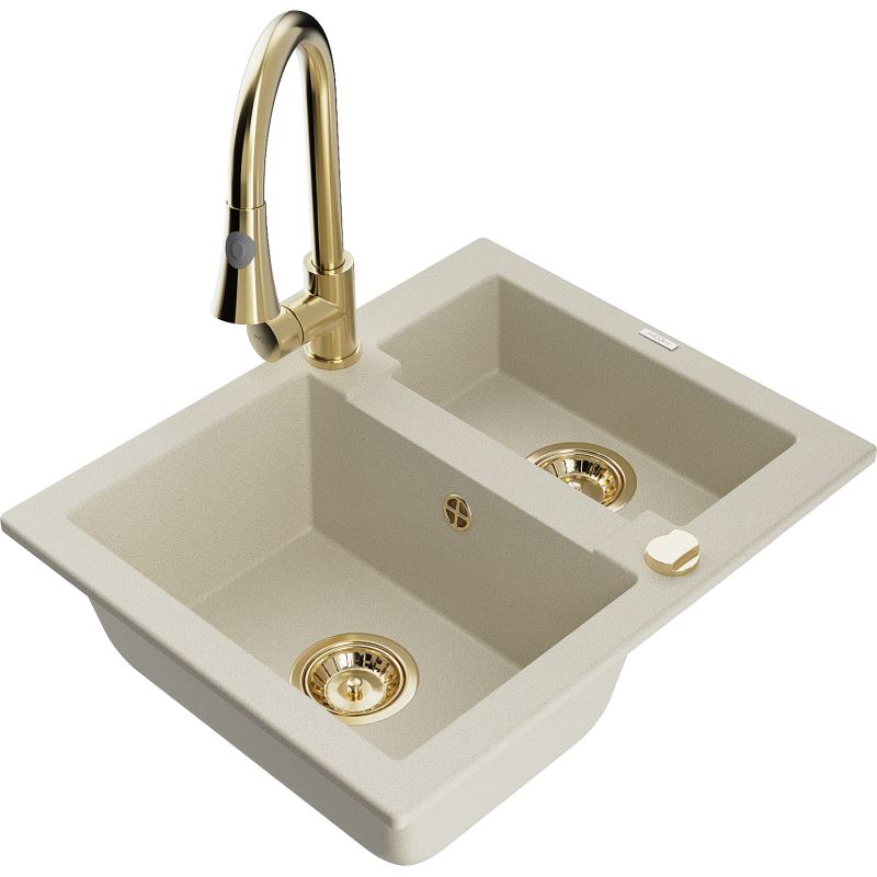 Mexen Carlos 1,5-Becken-Granitspüle mit Mischbatterie Elia, Beige - 6518-69-670101-50