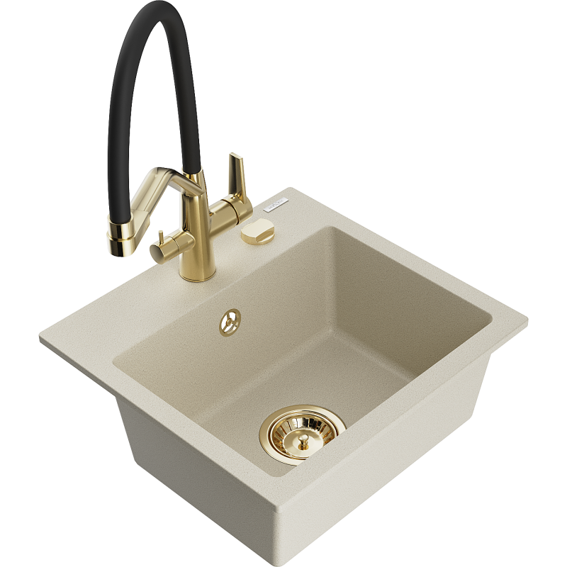 Mexen Milo 1-Becken-Granitspüle mit Mischbatterie Duo, Beige - 6505-69-671701-57-G