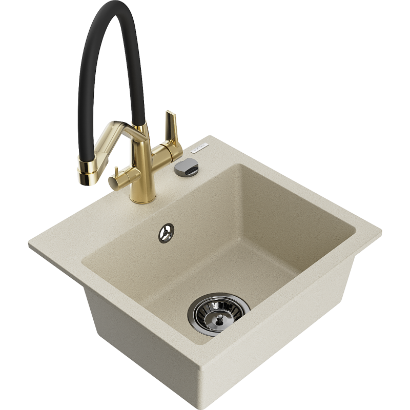 Mexen Milo 1-Becken-Granitspüle mit Mischbatterie Duo, Beige - 6505-69-671701-57-B