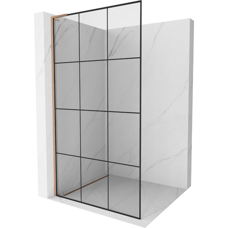 Mexen Kioto L Duschwand Walk-in 100 x 200 cm, schwarzes Muster, gebürstetes Messing - 800-100-103-65-77