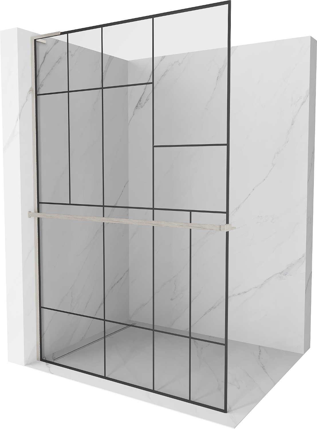 Mexen Kioto+ L Duschwand mit Regal Walk-in 70 x 200 cm, schwarzes Muster, gebürstetes Nickel - 800-070-123-97-78