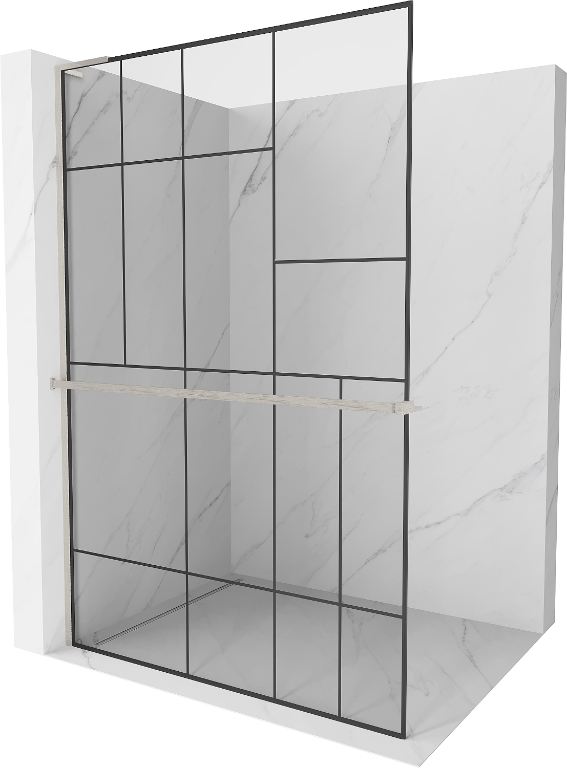 Mexen Kioto+ L Duschwand mit Regal Walk-in 80 x 200 cm, schwarzes Muster, gebürstetes Nickel - 800-080-123-97-78