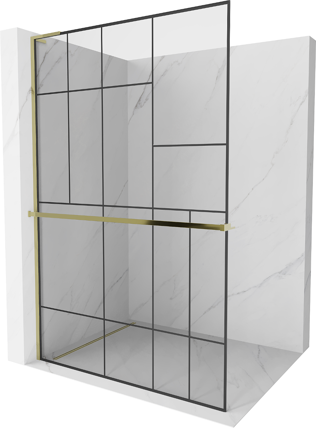 Mexen Kioto+ L Duschwand mit Regal Walk-in 90 x 200 cm, schwarzes Muster, gold - 800-090-123-50-78