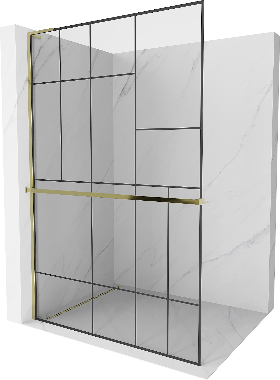 Mexen Kioto+ L Duschwand mit Regal Walk-in 100 x 200 cm, schwarzes Muster, gold - 800-100-123-50-78