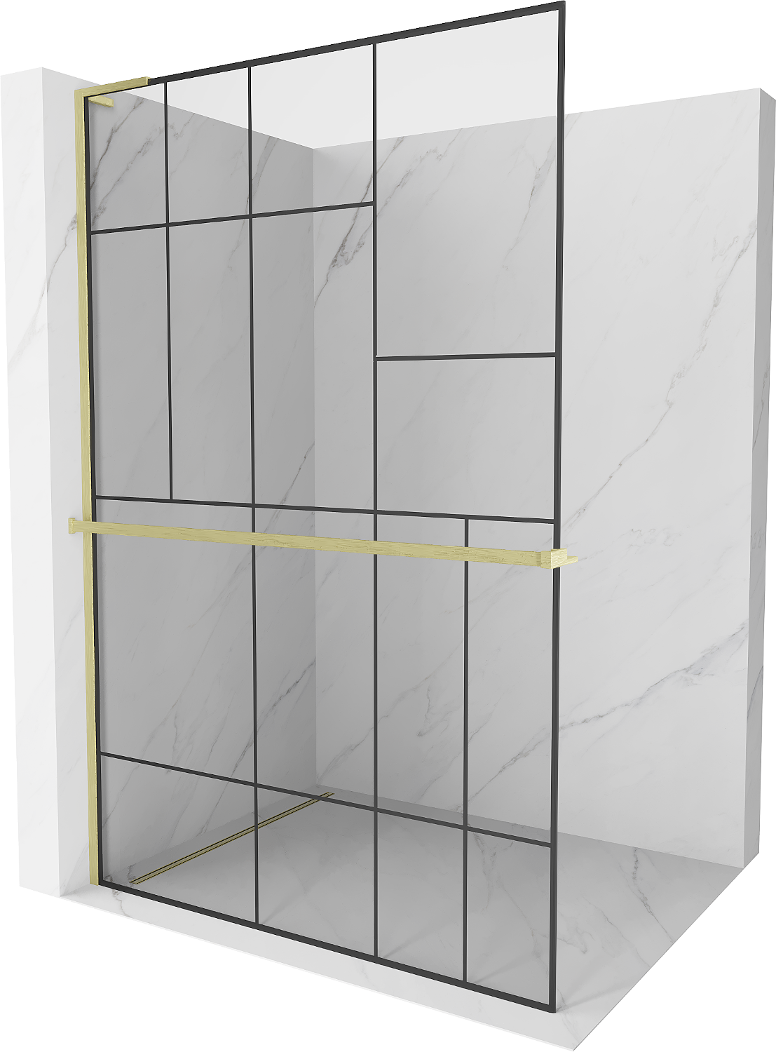 Mexen Kioto+ L Duschwand mit Regal Walk-in 80 x 200 cm, schwarzes Muster, gebürstetes Gold - 800-080-123-55-78