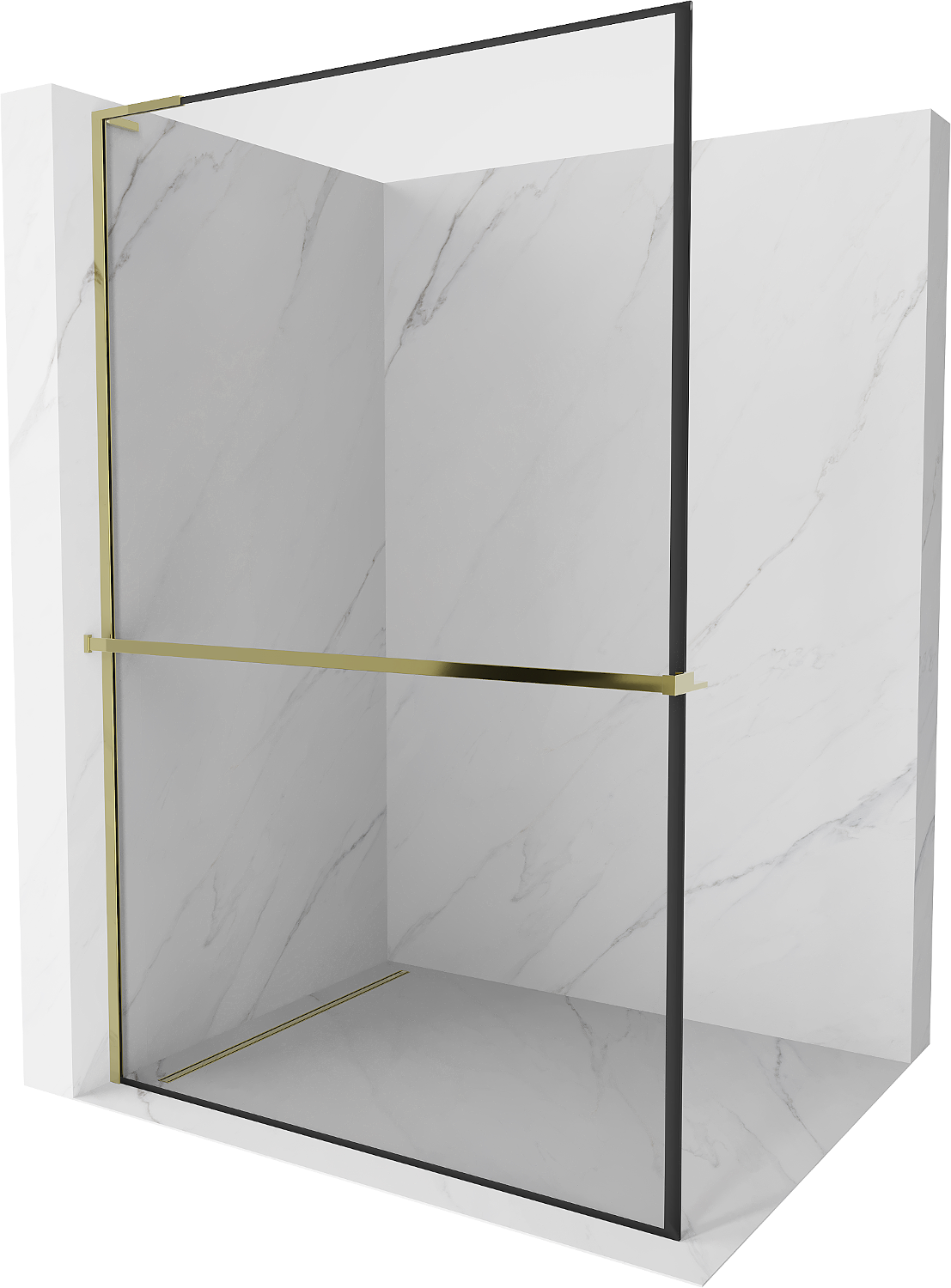 Mexen Kioto+ L Duschwand mit Regal Walk-in 50 x 200 cm, schwarzes Muster, gold