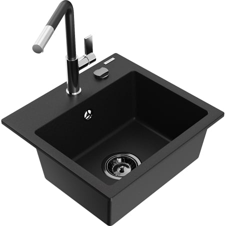 Mexen Milo 1-Becken-Granitspüle mit Mischbatterie Flora, Schwarz - 6505-77-670401-07-B