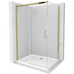 Mexen Omega ausziehbare Duschabtrennung 120 x 90 cm, Transparent, Gold + Duschwanne Flat - 825-120-090-50-00-4010