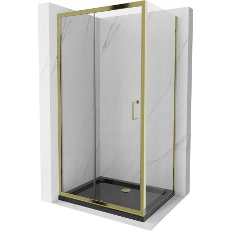 Mexen Apia ausziehbare Duschabtrennung 130 x 90 cm, Transparent, Gold + Duschwanne Flat, Schwarz - 840-130-090-50-00-4070G