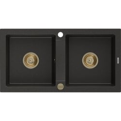 Mexen Mario 2-Becken-Granit-Spülbecken 820 x 436 mm, Schwarz/Gold metallisch, Siphon Gold - 6504822000-75-G