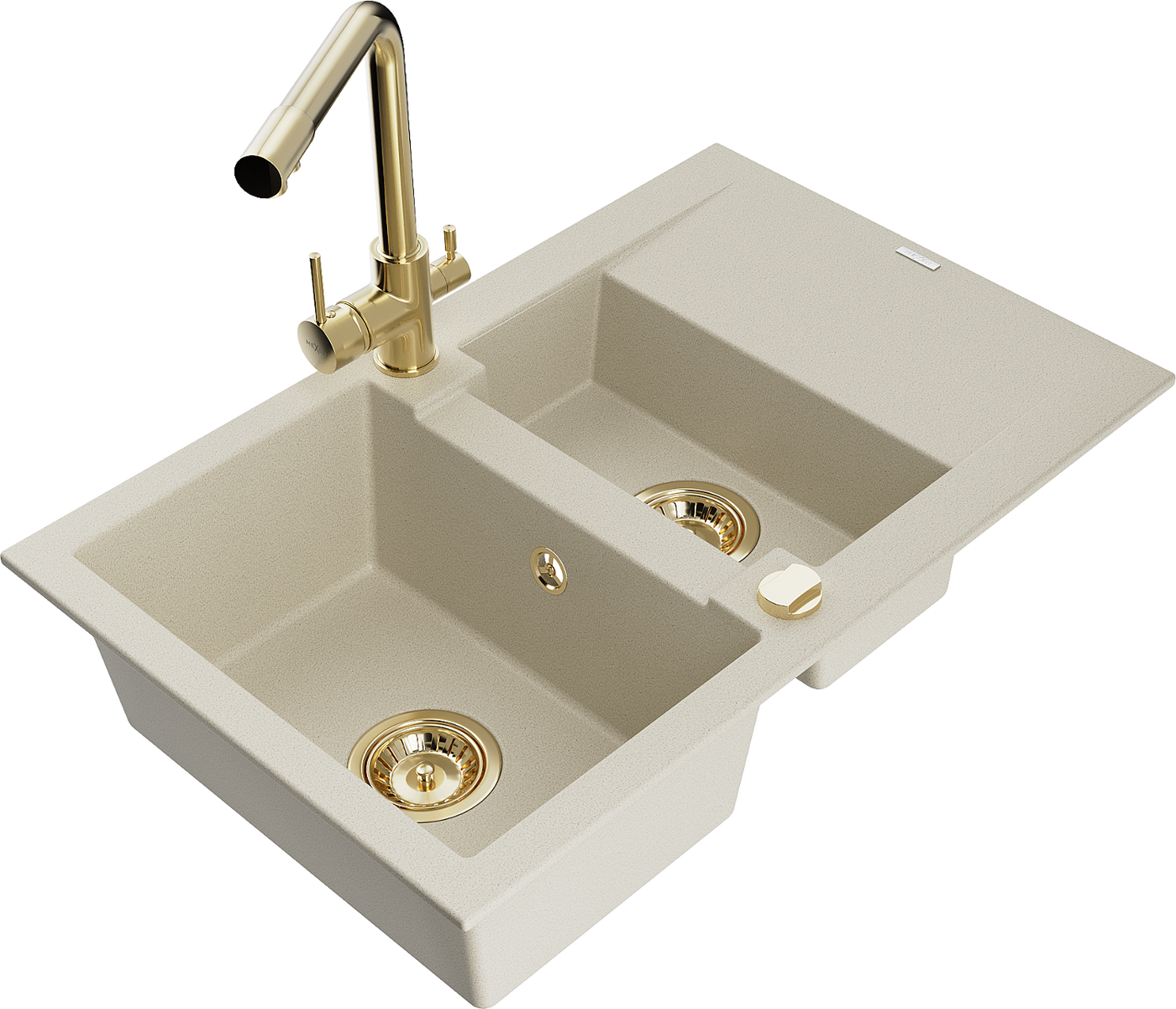 Mexen Gaspar 1,5-Becken-Granitspüle mit Abtropffläche und Mischbatterie Duero, Beige - 6507-69-671600-50