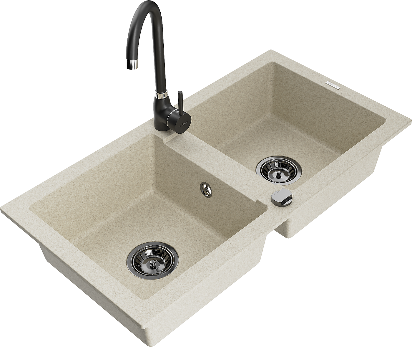 Mexen Mario 2-Becken-Granitspüle mit Mischbatterie Telma, Beige - 6504-69-670200-70