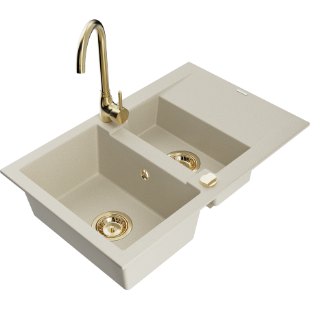 Mexen Gaspar 1,5-Becken-Granitspüle mit Abtropffläche und Mischbatterie Telma, Beige - 6507-69-670200-50