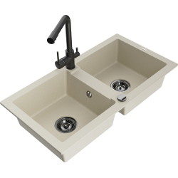 Mexen Mario 2-Becken-Granitspüle mit Mischbatterie Duero, Beige - 6504-69-671600-70