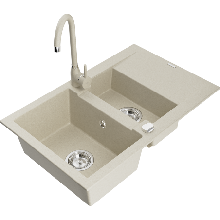 Mexen Gaspar 1,5-Becken-Granitspüle mit Abtropffläche und Mischbatterie Telma, Beige - 6507-69-670200-69